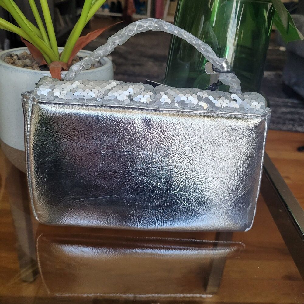 Nicole Miller Silver Sequin Handbag Chevron Quilted Crossbody Purse Evening Bag - Picture 2 of 12